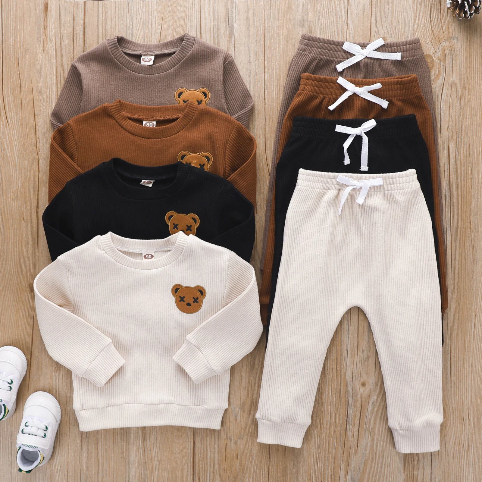 Lovely Autumn Kids Child Clothes Sets for Boy Girls Solid Ribbbed Long Sleeve Embroidered Bear Sweatshirts+Long Pants Tracksuits